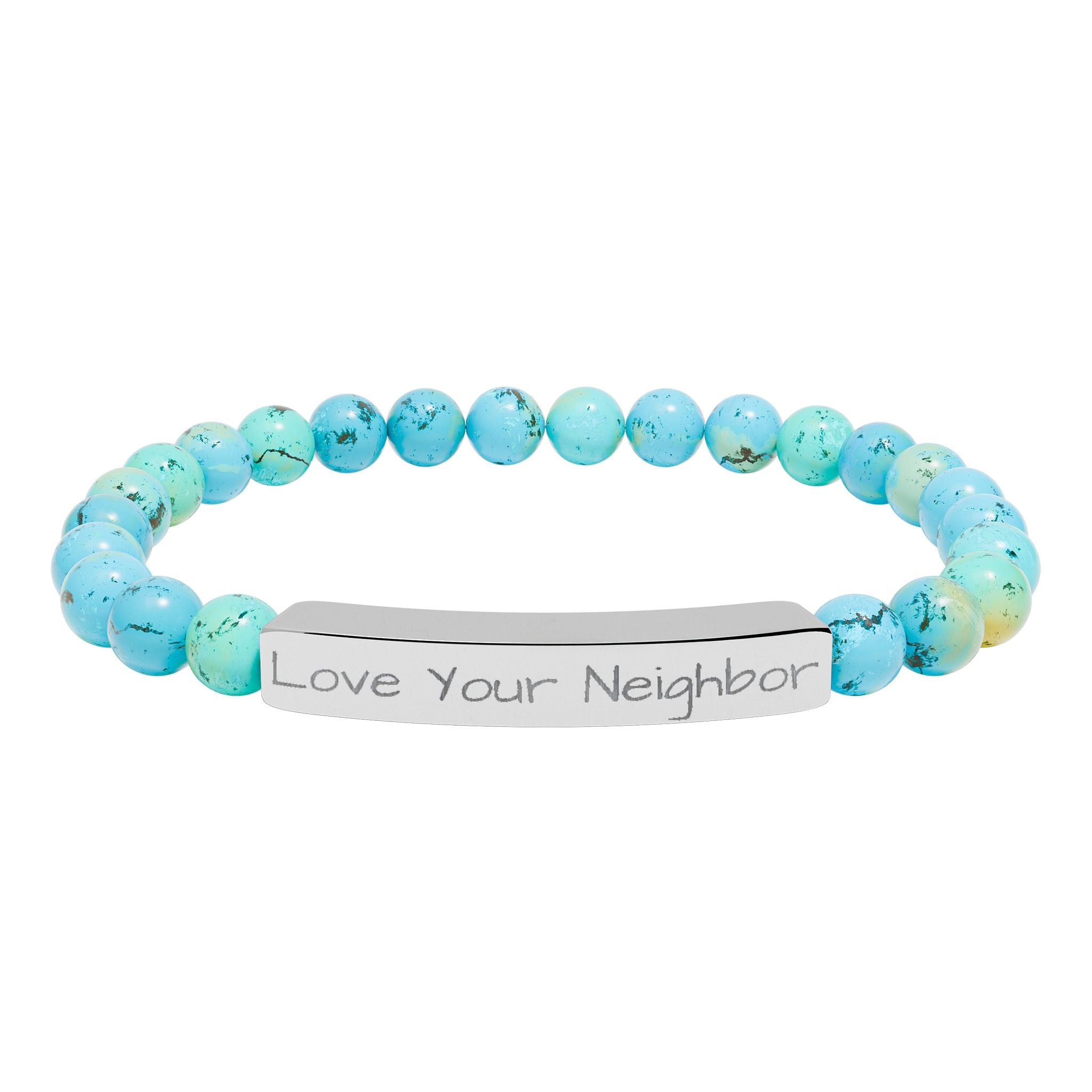 Engraved Natural Stone Stretch Bracelet — "Love Your Neighbor" Bar