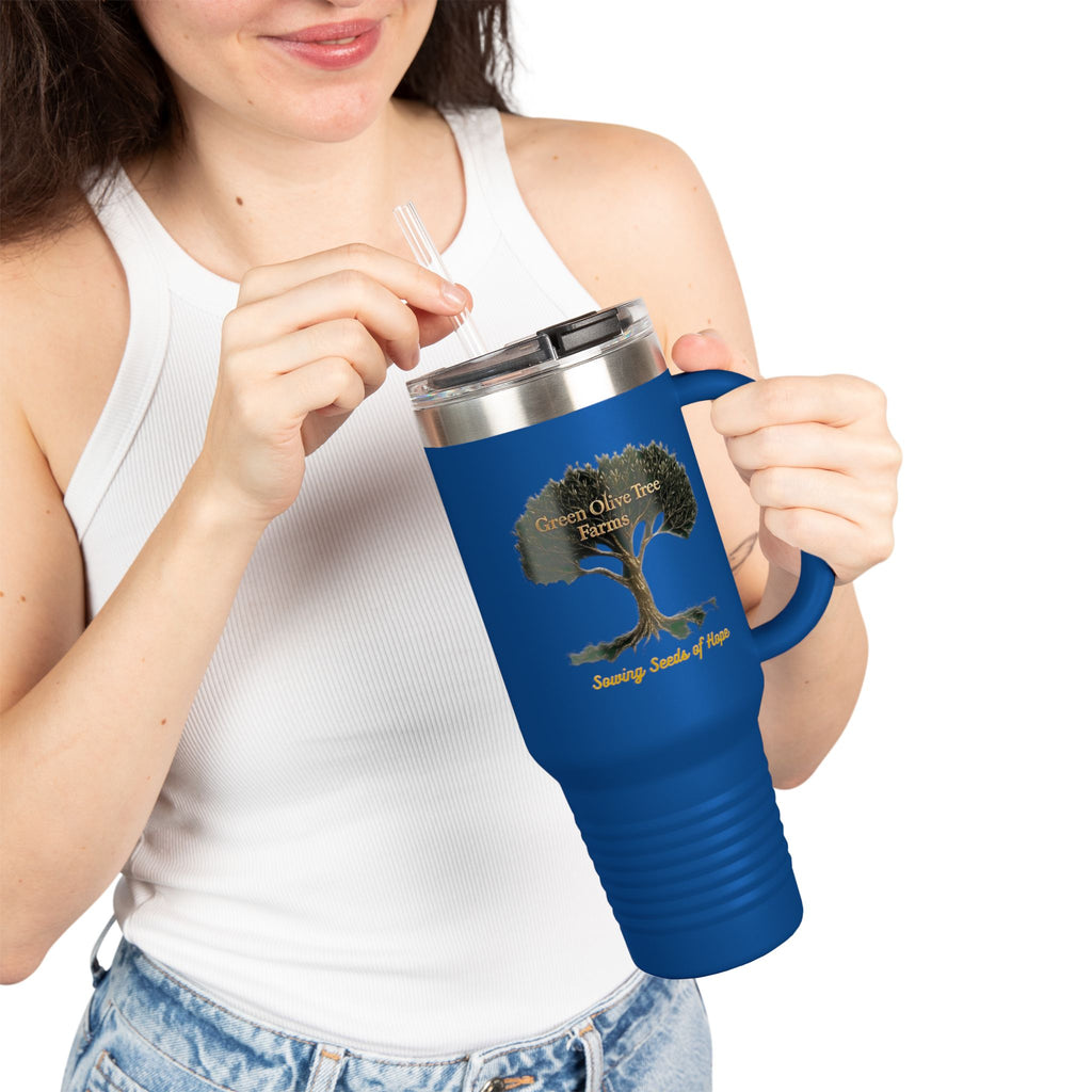 40oz Insulated Travel Mug – Green Olive Tree Farms Logo (Large Handle, Double-Wall Stainless)