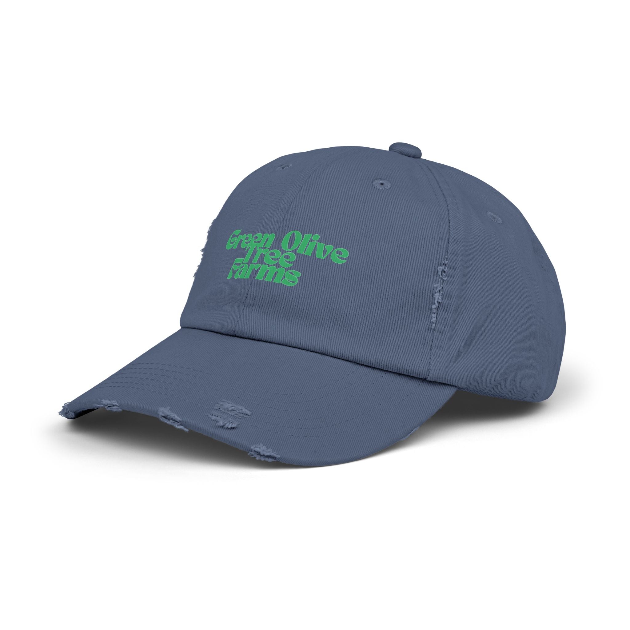 Distressed Baseball Cap — "Green Olive Tree Farms" Retro Script