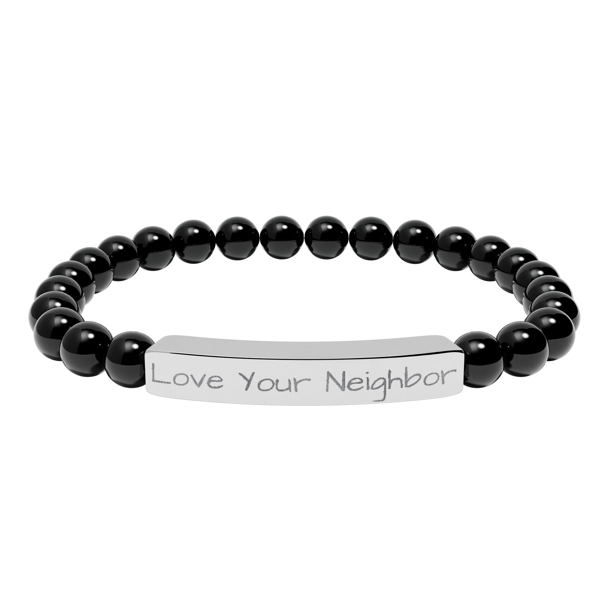 Engraved Natural Stone Stretch Bracelet — "Love Your Neighbor" Bar